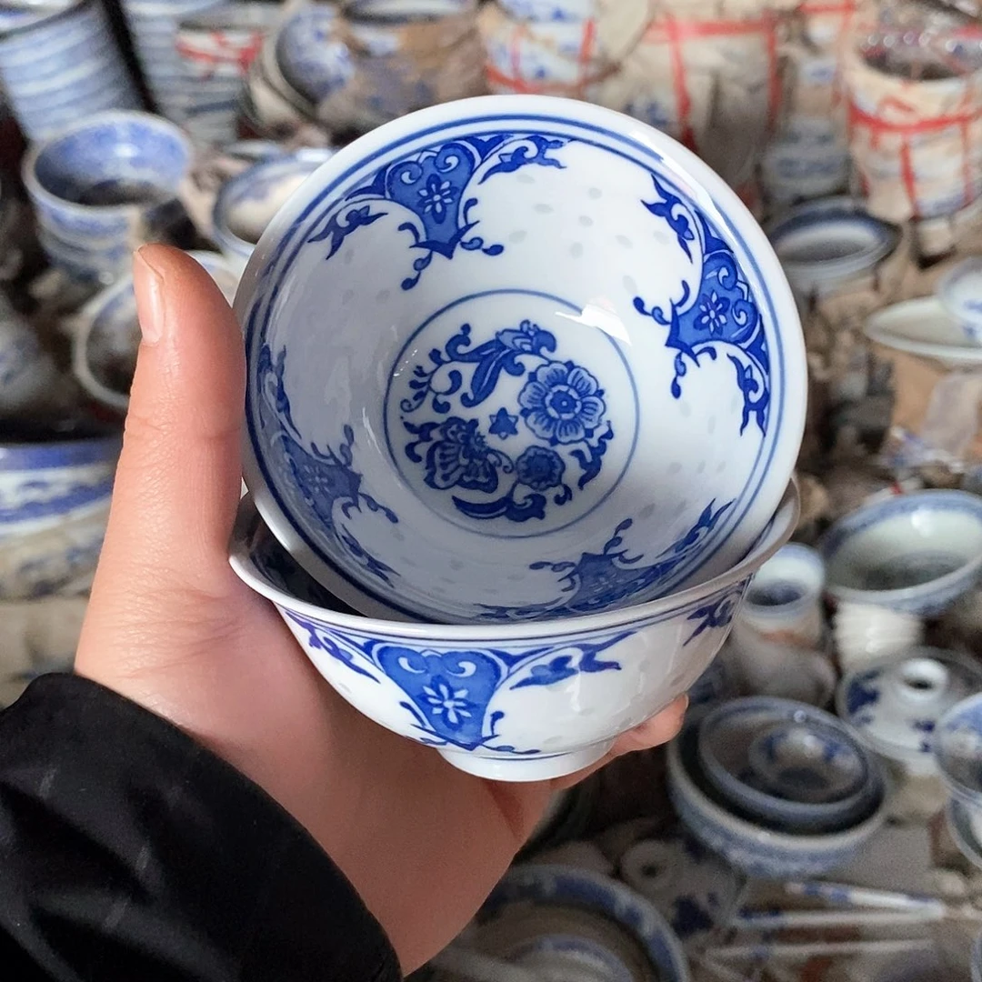 摆件4寸青花玲珑瓷碗