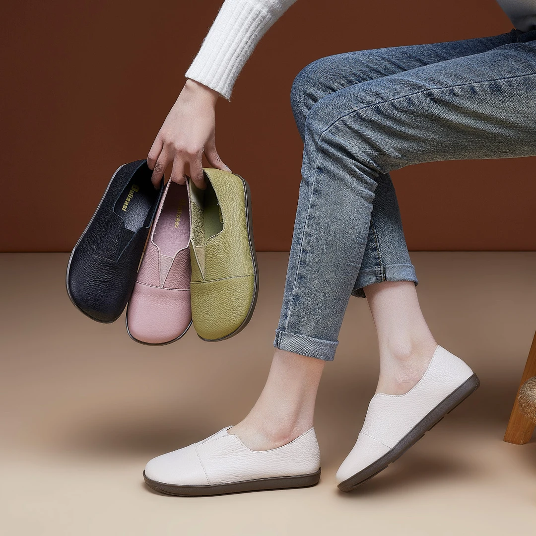 OL244头层牛皮单鞋新款一脚蹬懒人鞋时尚百搭平底软皮软底舒适