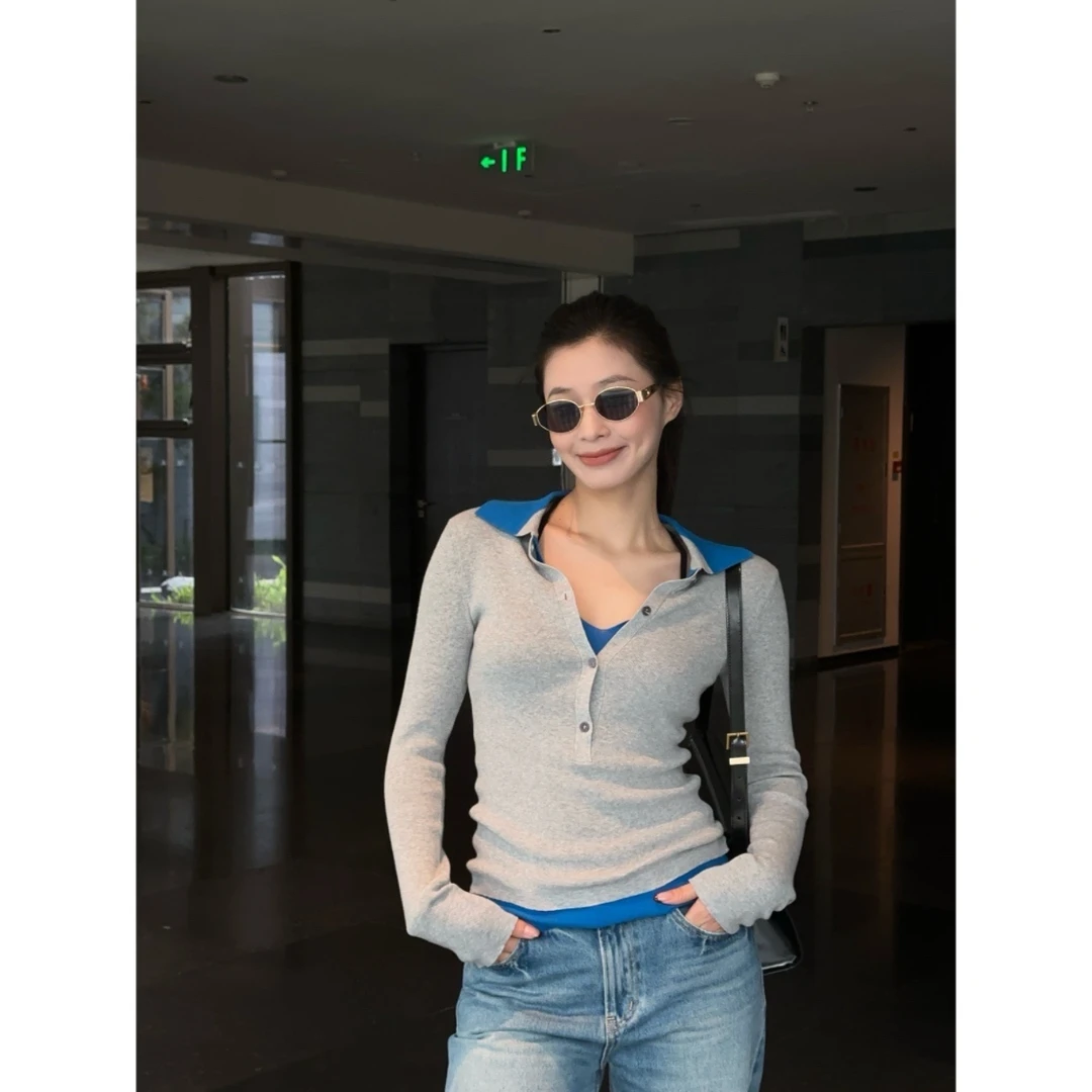 Yihouse2025春季新款假两件拼接针织衫女装POLO领百搭显瘦上衣