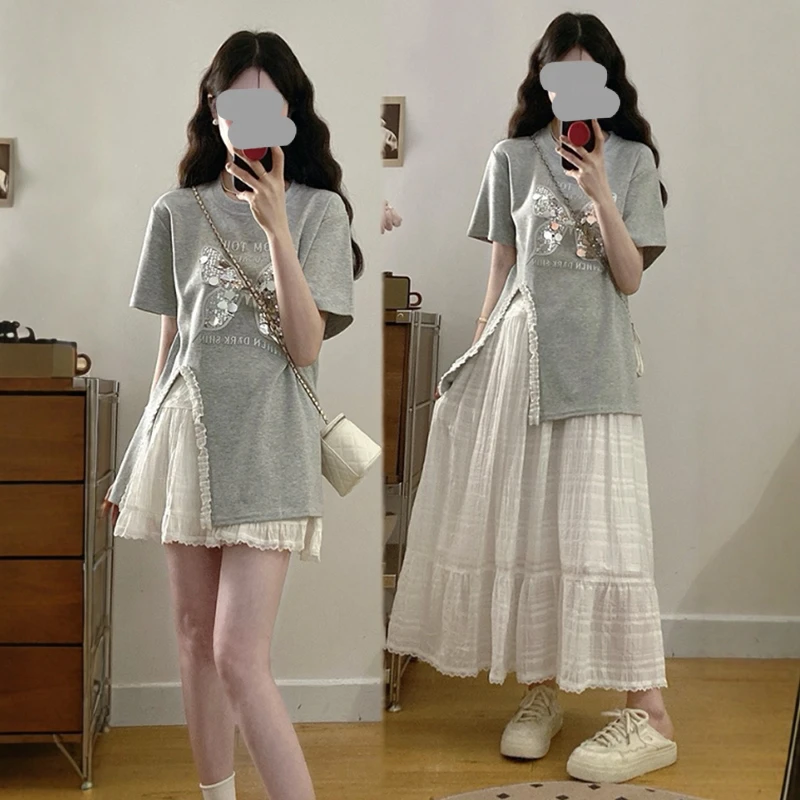 少女感时尚套装女夏季2025新款亮片蝴蝶短袖T恤蓬蓬半身裙两件套