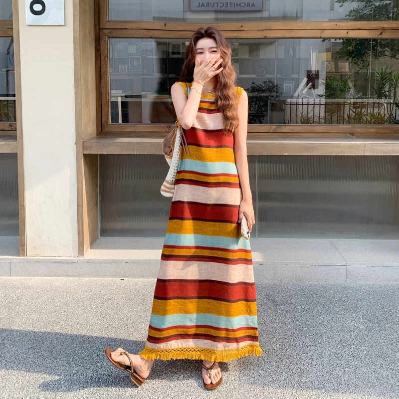 港风复古慵懒风撞色条纹流苏背心连衣裙2025夏季新款温柔气质长裙