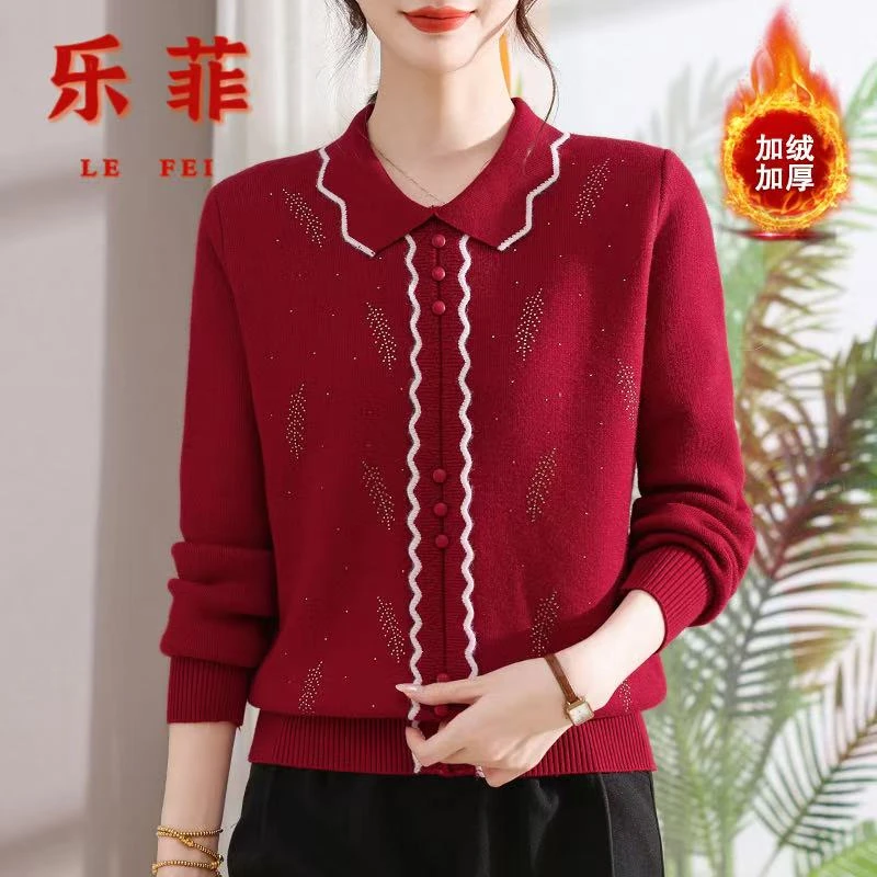 妈妈装新款宽松长袖时尚妈妈款秋季翻领针织衫中老年女装秋冬上衣