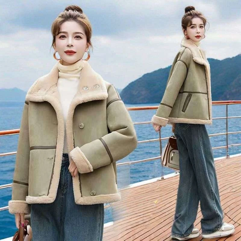 韩系一体毛绒外套女秋冬短款小个子加绒加厚机车服