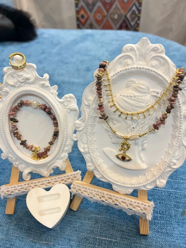 铜合金项链 手工款红眼睛双层项链，手链，耳环三件套