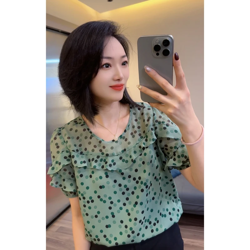 洋气减龄波点短袖小衫女夏季新款宽松显瘦百搭上衣潮雪纺衫25119