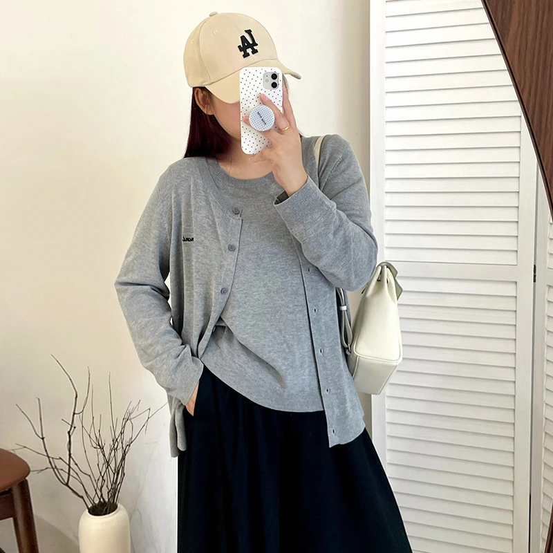 【舒适主义】大码女装休闲两件套秋胖mm圆领上衣女外搭开衫针织套装
