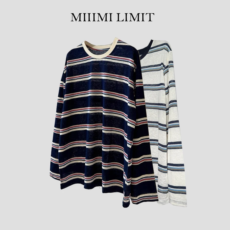 米小米/休闲风防晒条纹长袖基本T恤拼色女士宽松针织撞色横条纹