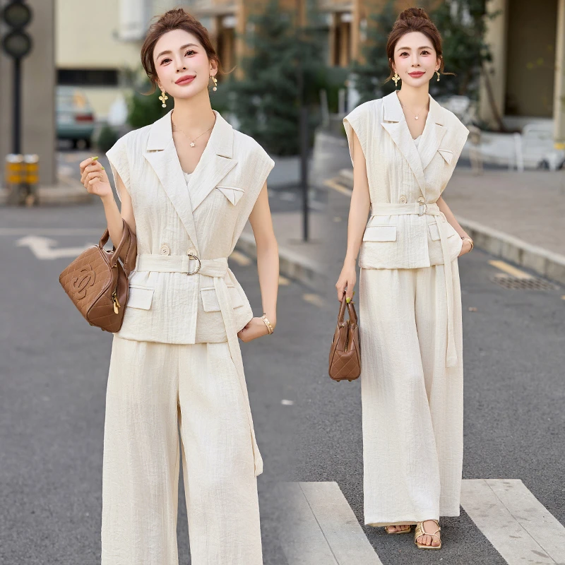 时尚职业气质套装女2025夏季新款高级感收腰显瘦百搭阔腿裤两件套