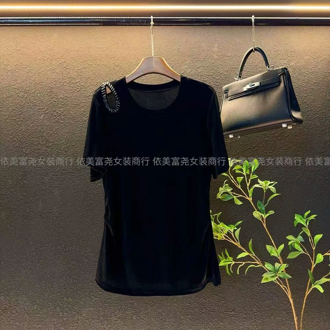 【新款】大码2025夏季显瘦重工收腰洋气百搭时尚半袖/3393