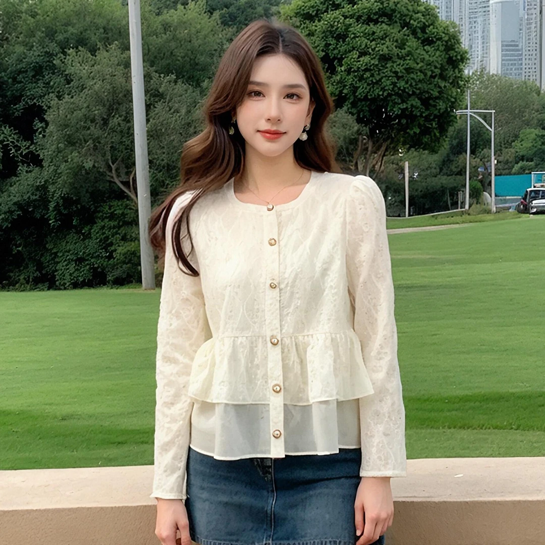 奢姿大码女装2025秋季时尚荷叶边装饰蕾丝衬衫胖妹妹气质减龄上衣