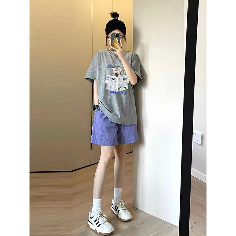2025新款夏纯棉短袖t恤女时尚减龄洋气麻灰可爱猫咪印花纯棉短袖