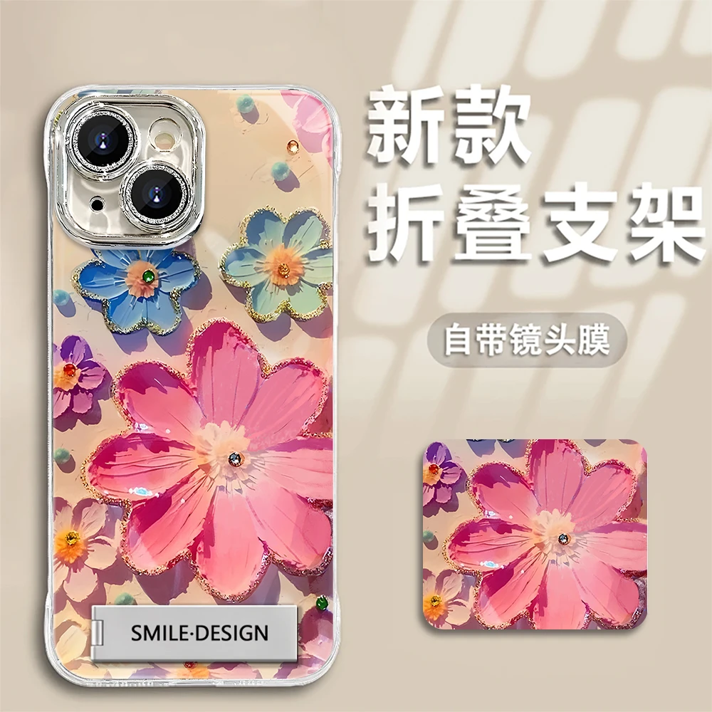 适用于【苹果】15爆款油画花创意时尚羽纱无边框手机壳