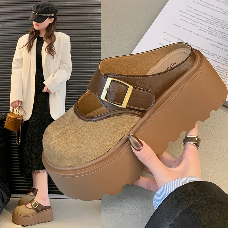 厚底松糕包头半拖鞋女2025新款一脚蹬半托玛丽珍单鞋增高女式拖鞋