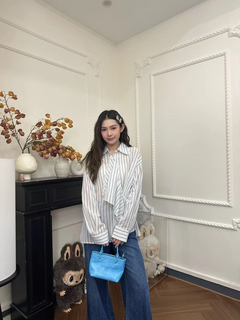 设计感飘带多穿法通勤显瘦条纹衬衫千金清冷感贵系衣服#5008