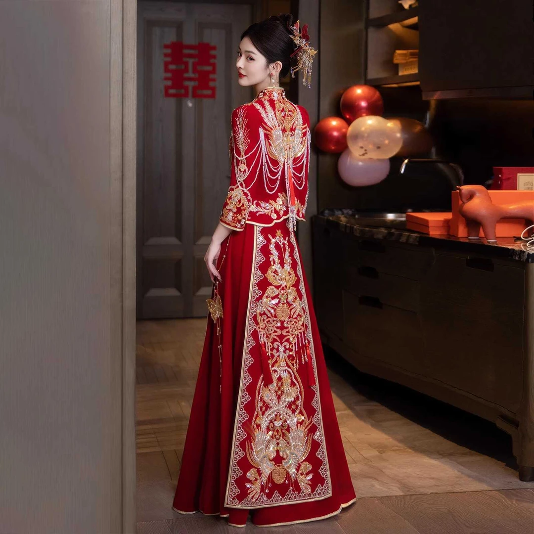 大码秀禾服新款新娘重工结婚丝绒流苏 200斤龙凤褂新中式婚服出阁