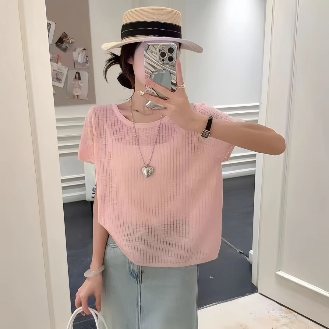 竹节麻夏季显瘦镂空露背时尚短袖T恤针织衫2027