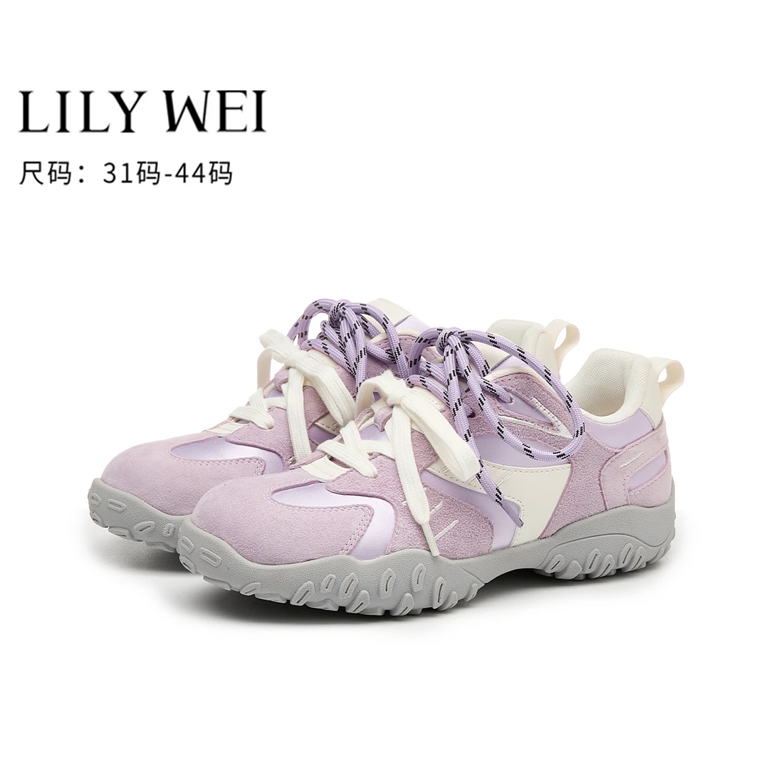 Lily Wei雾紫色休闲板鞋双鞋带复古德训鞋运动女鞋软底小码313233
