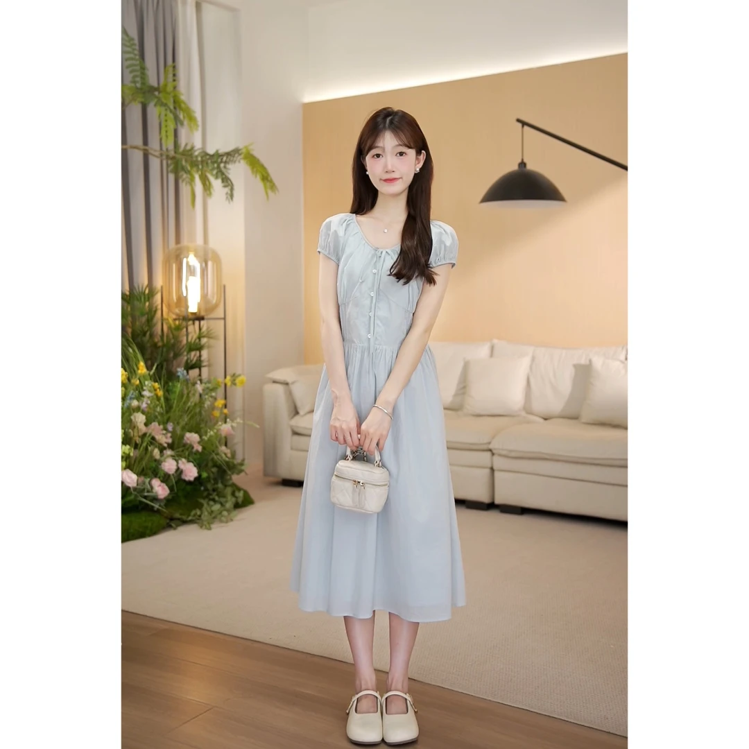 （周周小个子）夏季新款显瘦复古法式小众温柔长款连衣裙-8338