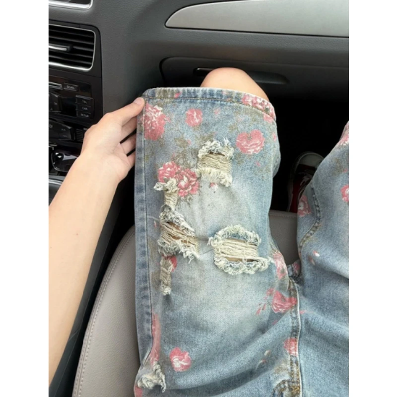 美式潮流ins蓝色百搭玫瑰花卉破洞牛仔短裤男夏季新款五分裤子潮
