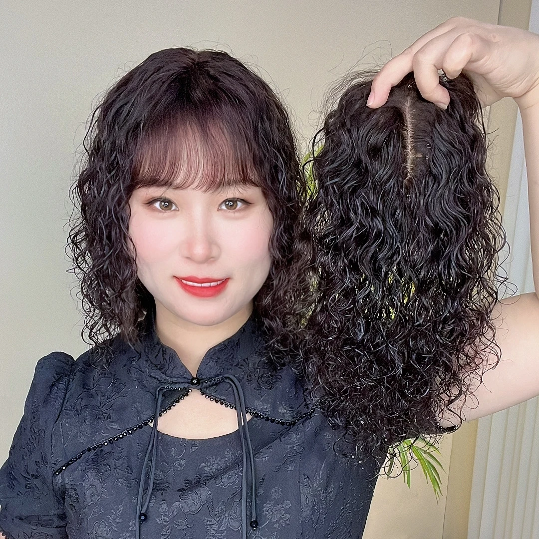 甄选羊毛卷全真发微卷刘海卷发遮白发增发量两鬓一片式头顶假发片