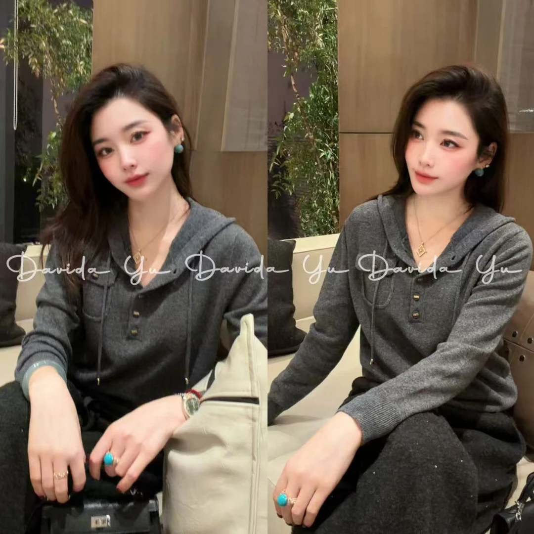 Davida Yu【绵羊帽衫】100绵羊毛针织冬季女毛针织衫毛衣98-5802