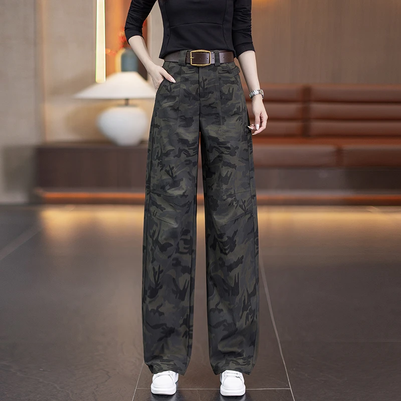 时尚高腰迷彩工装弯刀裤2025秋季新款宽松女高腰显瘦百搭直筒长裤