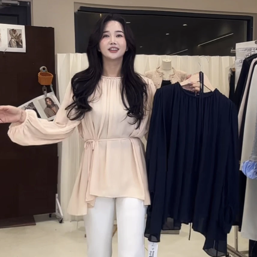 小辫领褶皱系绳雪纺衫