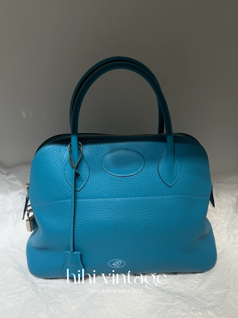 95新 Hermes/爱马仕 湖水蓝银扣手提保龄球31 框R刻/一店