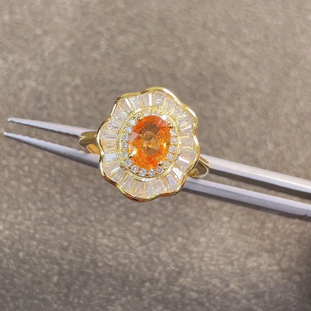 石榴石（芬达石）银S925镀金镶嵌戒指