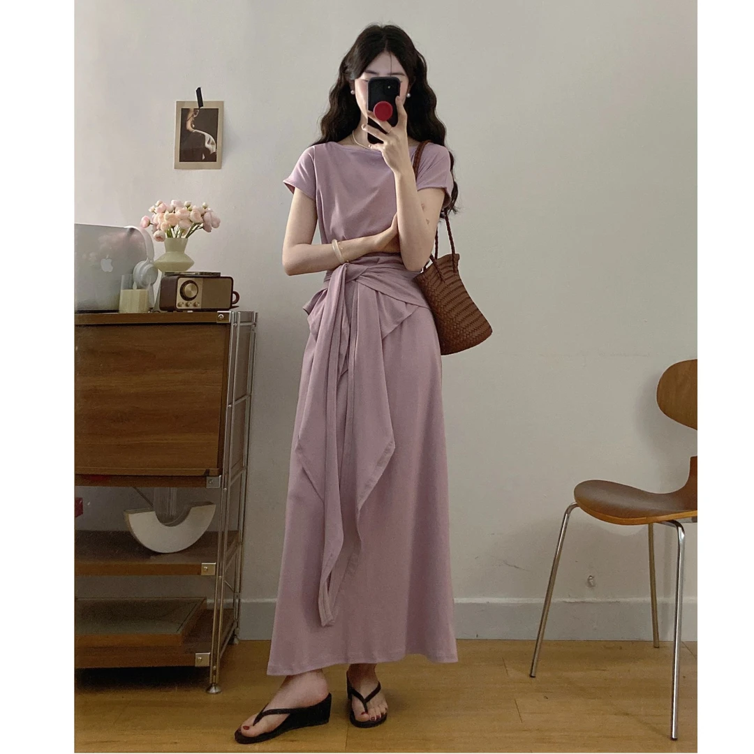 大码夏季新款老钱风韵味T恤披肩裙子套装女显瘦半身裙三件套