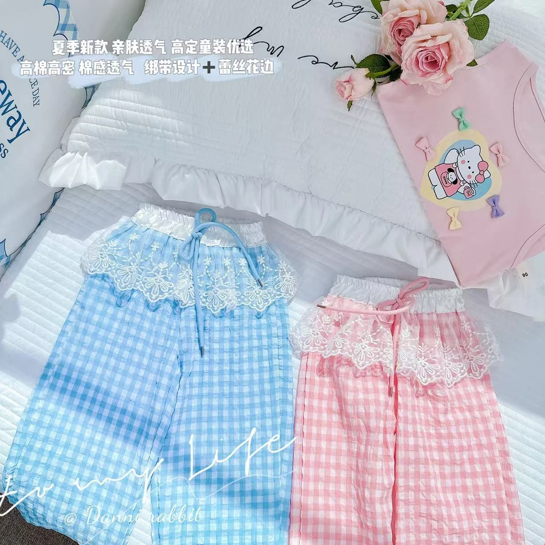 【Dannirabbit】*时尚格子蕾丝花边女童长裤 X-7108