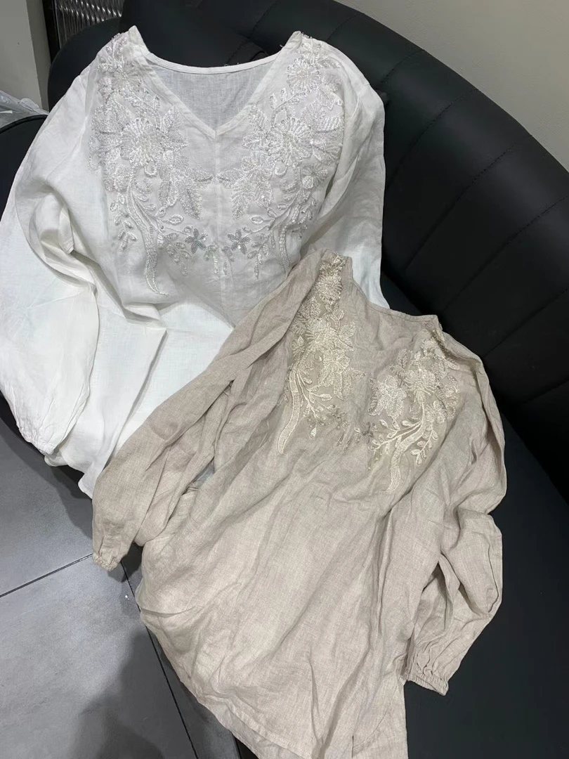 [麦霓严选]2025新款V领重工刺绣亮片长袖衬衫女9151