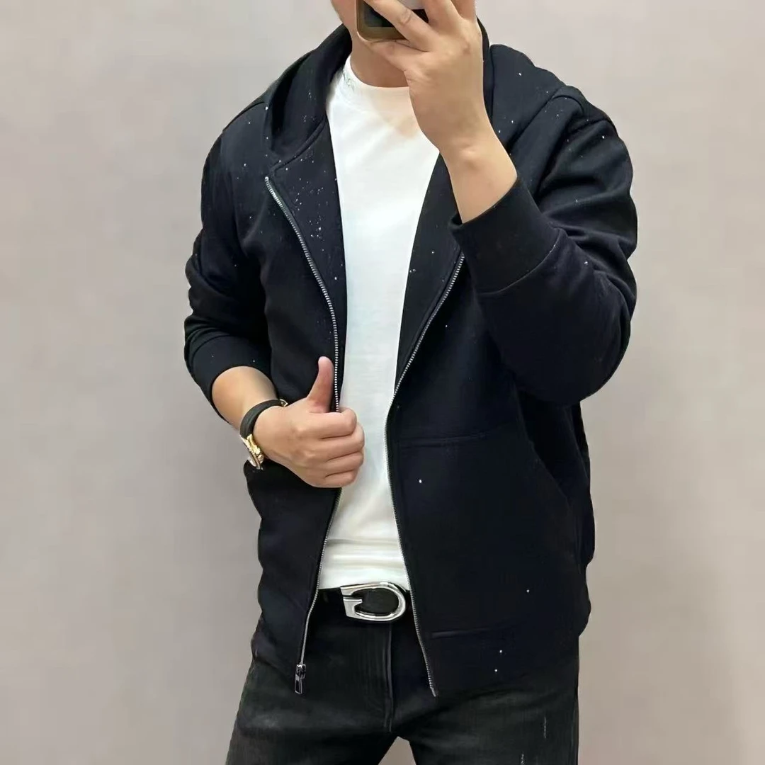 新款高端男士简约高品质亮片纯色拉链连帽夹克外套8833