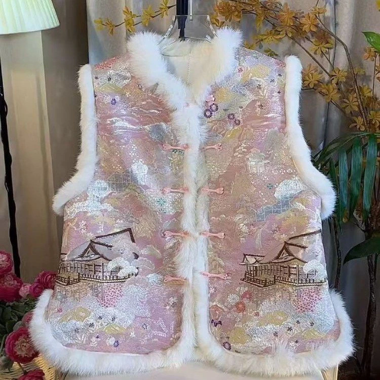 新中式国风加棉加厚立领秋冬女士休闲保暖无袖马甲上衣