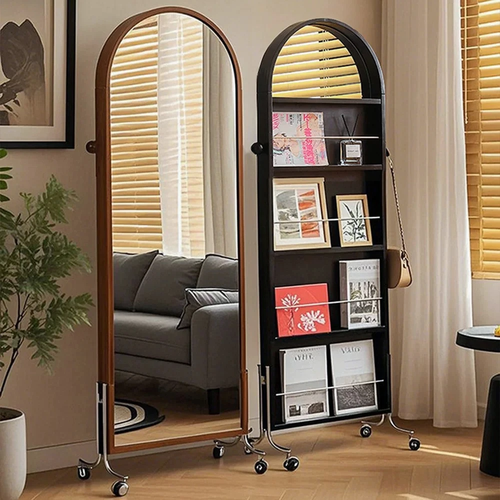 实木复古落地镜全身镜家用创意杂志书报置物架中古可移动试穿衣镜