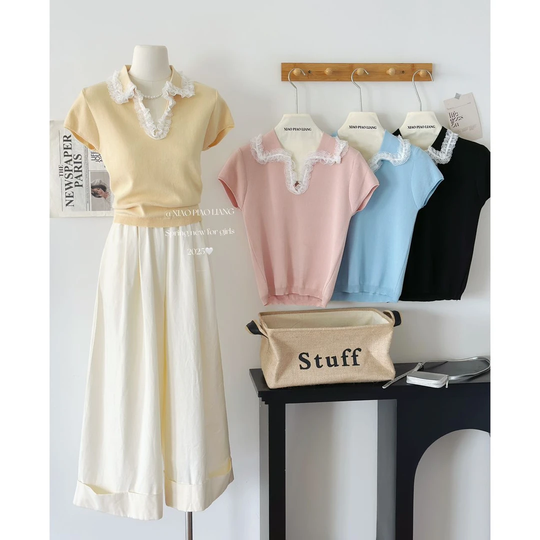 法式小众学院风甜美减龄蕾丝花边拼接设计通勤针织T恤513#0.1 qq