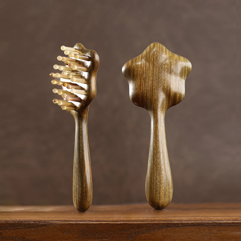 天然绿檀木羊角齿星星梳子手柄梳按摩头皮经络梳实木无漆家用便携