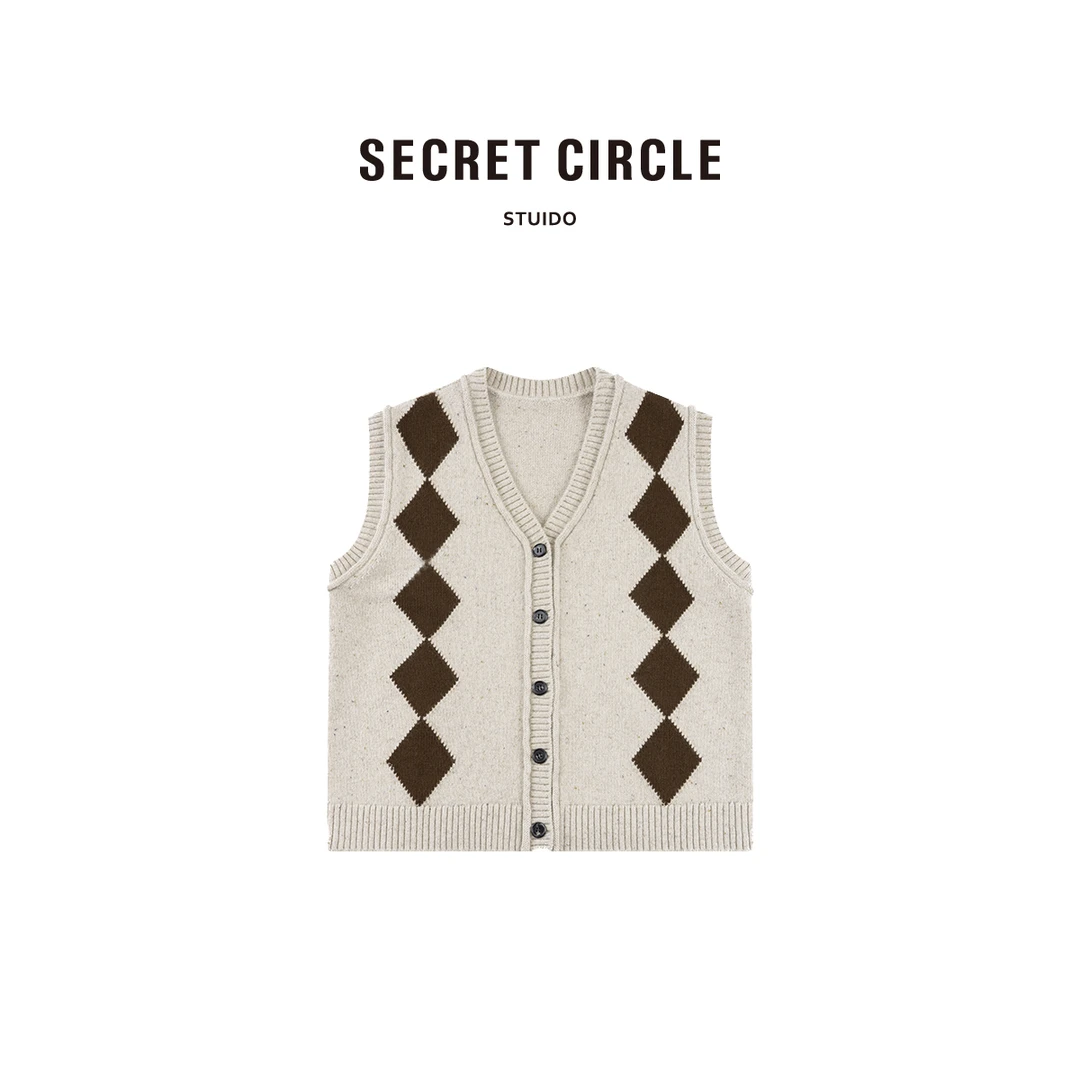 SECRETCIRCLE·秘社 99绵羊毛设计感菱格V领针织背心D2389