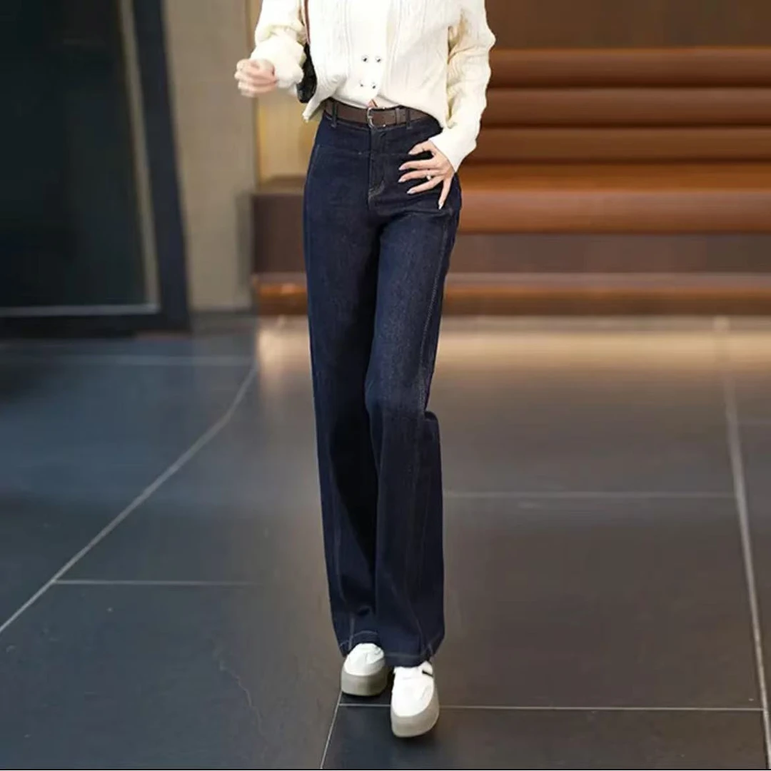 时尚丹宁蓝阔腿牛仔裤女2025秋季新款洋气显瘦窄版垂感直筒长裤潮