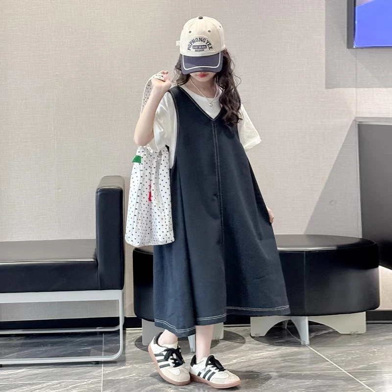 女童裙子春装2025新款儿童洋气时髦连衣裙女大童牛仔背带长裙套装