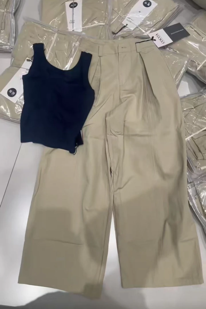 卡其色宽松廓形高腰阔腿裤夏季新款显瘦遮肉韩系裤