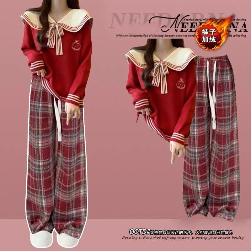 过年套装圣诞红色毛衣女拜年服大童新年本命年针织衫阔腿裤两件套