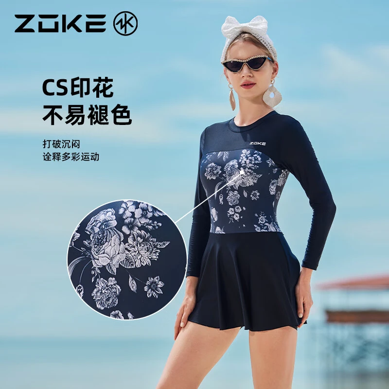 洲克新款女士遮肚显瘦保守连体裙摆泳衣zoke沙滩度假长袖防晒游泳
