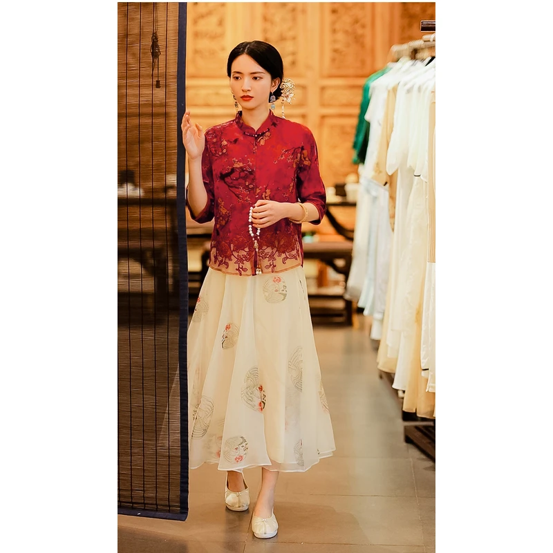 复古日记欧根纱100桑蚕丝印花国风松紧腰半裙中国风轻奢设计裙子