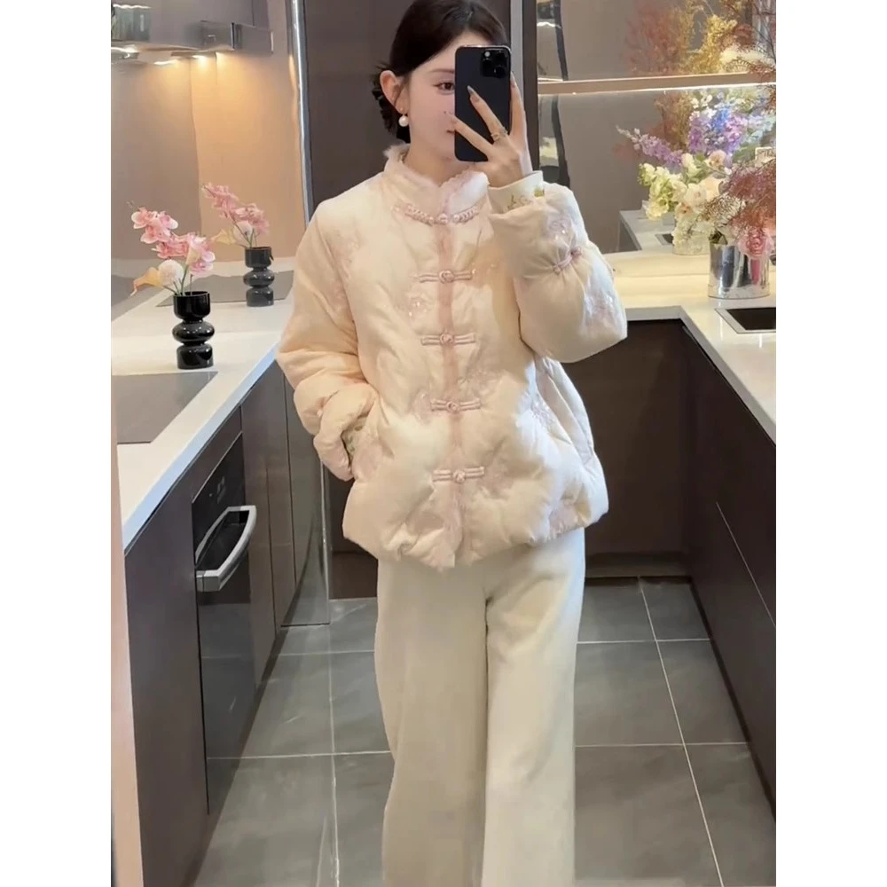 2025年冬季网红新款时尚精致高级感气质国风棉服外套+裤子套装女
