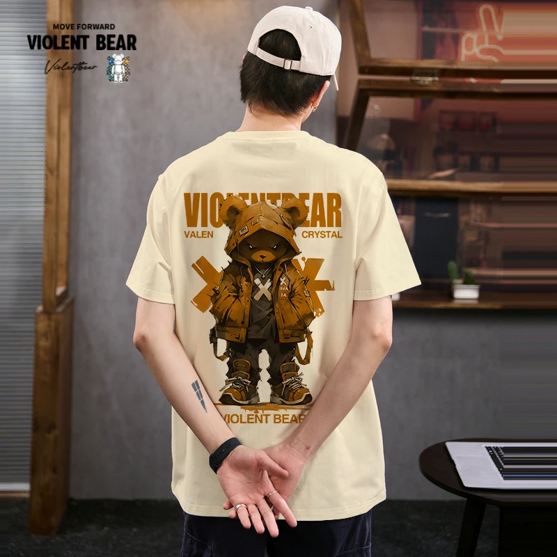 暴力熊落肩袖卡通潮流短袖圆领印花上衣夏季纯棉半袖圆领短袖T恤