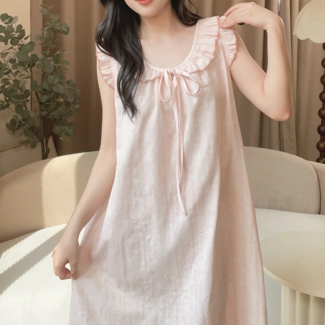 【5937糖心派】家居裙纯棉睡裙女短袖夏季薄甜美宽松可外穿带胸垫