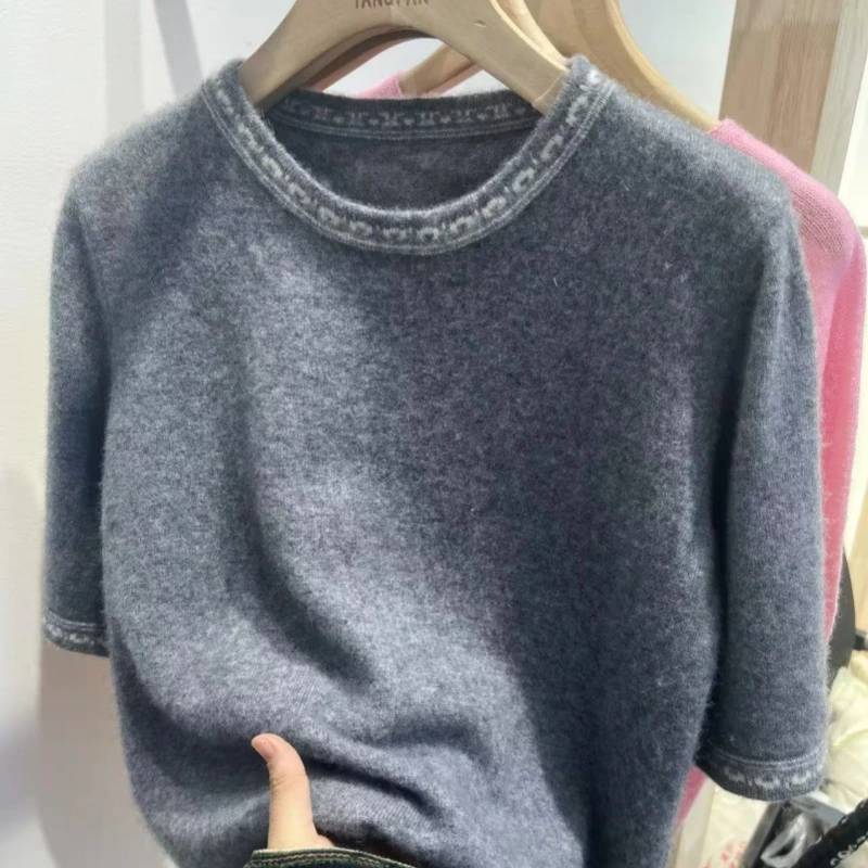 羊范欧洲站纯羊毛针织短袖圆领女时尚休闲拼色半袖T恤宽松打底衫