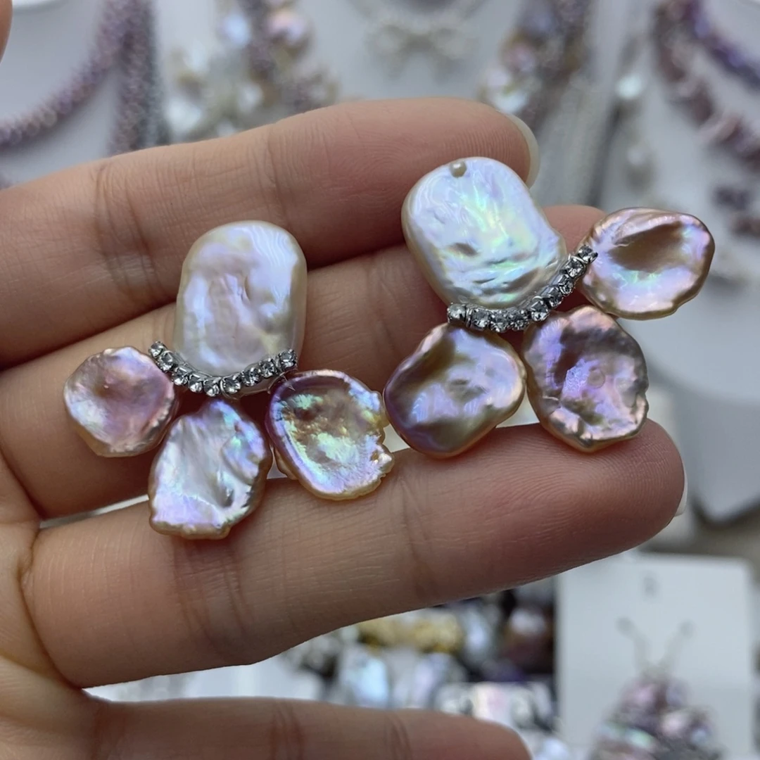 冰***活银S925镶嵌淡水珍珠耳饰