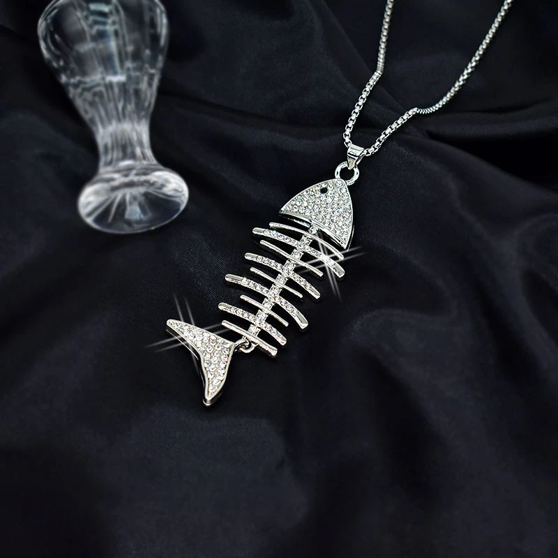 钛钢铅玻璃项链 银鱼刺鱼骨项链镶钻百搭简约个性网红配饰女蹦迪